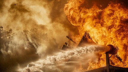 Canvas Print - Visualize a dramatic house fire being fought by brave firefighters. Picture the intense flames being doused by powerful water jets, as the firefighters work tirelessly to save lives and property.