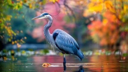 Wall Mural - Visualize a majestic heron standing gracefully in a tranquil pond. Picture its long, slender legs and elegant neck as it patiently waits for prey, embodying patience and grace in the natural world.