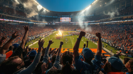 Wall Mural - Excited crowd cheering and raising their hands during a football game at a brightly lit stadium.