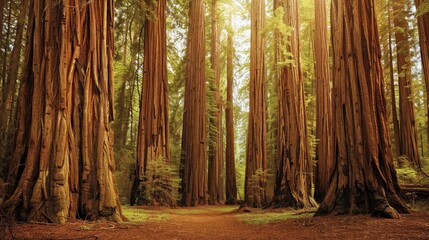 Wall Mural - Visualize a peaceful grove of towering redwood trees, their massive trunks and towering canopy creating a cathedral-like atmosphere of reverence and tranquility.