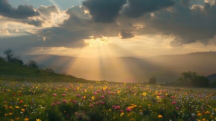 Sticker - Visualize a picturesque countryside beneath a canopy of clouds, with shafts of sunlight filtering through breaks in the clouds and illuminating patches of wildflowers below