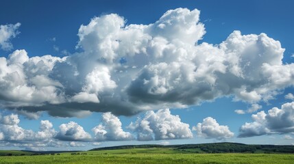 Sticker - Visualize a serene countryside beneath a canvas of fluffy cumulus clouds, their puffy shapes casting shadows on the rolling hills below and adding a touch of drama to the pastoral landscape.