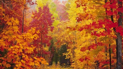 Wall Mural - Visualize a serene forest in autumn. Picture the vibrant colors of the leaves--reds, oranges, and yellows--creating a picturesque canopy. Imagine a gentle breeze rustling through 