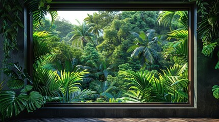 Wall Mural - Tropical Rainforest: A window looking out onto a lush tropical rainforest, with towering trees and exotic wildlife, capturing the biodiversity and beauty of the jungle. Illustration, Minimalism,