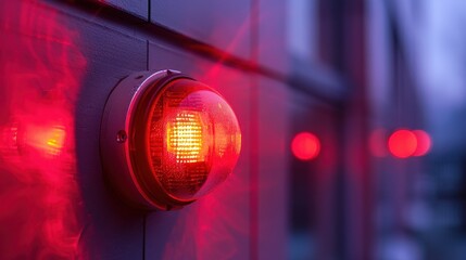 A red emergency light is seen flashing on the facade of an outdoor building, symbolizing urgency and the need for prompt attention to a critical situation.