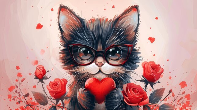 Cute cartoon cat wearing glasses holding a heart with red roses around it.