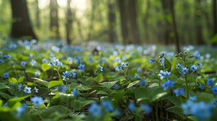 Wall Mural - Visualize a tranquil woodland glade carpeted in a blanket of blue forget-me-nots, their tiny azure blooms symbolizing love and remembrance, and adding a touch of magic to the forest floor.