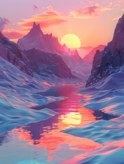 Poster - Sunset Over a Snowy Mountain Valley