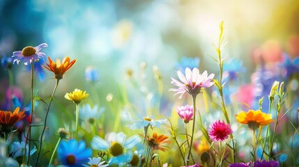 Poster - Visualize a vibrant field of wildflowers dancing in the breeze, their colorful petals swaying gracefully and filling the air with their sweet fragrance.