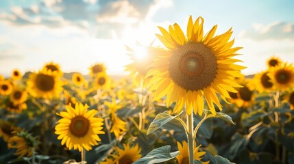 Canvas Print - Visualize a vibrant sunflower field stretching to the horizon, with towering stalks crowned by golden blooms turning their faces towards the sun, symbolizing resilience and optimism.