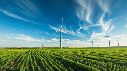 Wall Mural - Wind turbines stand tall against the horizon, their graceful blades harnessing the power of nature's breath to generate clean, limitless energy.