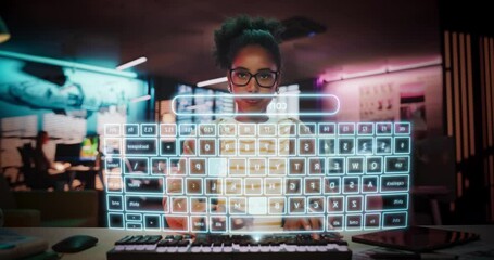 Stylish Female Programmer Logs Into a Holographic Compur Screen in Office, Using Advanced Facial Recognition, Virtual Keyboard Technology for Cyber Secure Digital Interaction. Future Interface Concept