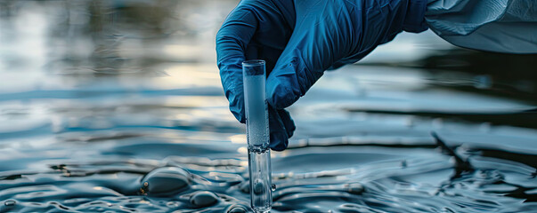 A hand in a glove collects a water sample in a test tube, representing the concept of water purity analysis, environment, and ecology.