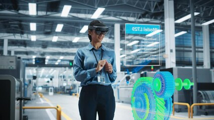 Fototapete - Female Engineer Wearing AR Headset in a High-tech Factory Uses an Augmented Reality to Interact With 3d Holographic Engine, Manufacturing of Electric Engines for Future. Engineering Concept