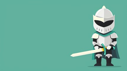A cartoon knight in armor, with a sword,  standing against a green background.