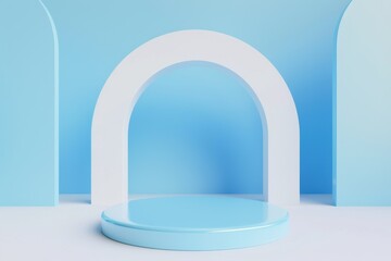 Abstract geometric studio with blue pedestal for product showcase, featuring blue pastel and cold tones, ideal for mockup backgrounds.