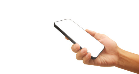 Hand holding smartphone device and touching screen