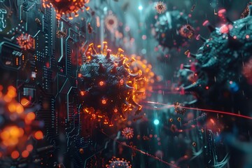 Wall Mural - A computer generated image of a virus with a glowing orange center. The image is abstract and surreal, with a sense of chaos and disorder. The virus is surrounded by a network of wires and circuits