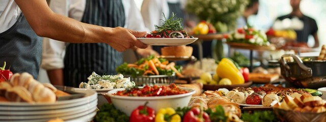 horizontal image, front view buffet in the hotel restaurant. Lifestyle image. For banner, design, business, LinkedIn, social media, profile, cooking class, shop, market, ad