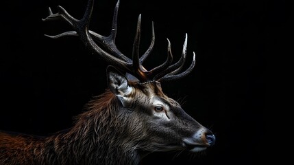 Wall Mural - Red deer portrait with black background. 