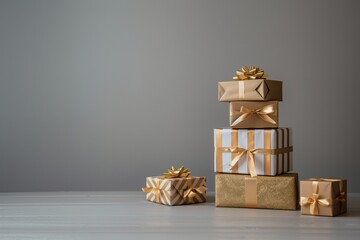 Elegant pile stack of several golden gift or present box packages . Composition for birthday or Christmas, grey minimalistic background with copyspace