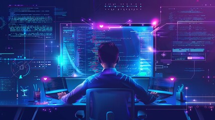 Software, web development, data processing, programming concept. Coding programmer using computer with program code and data management technology icon. Technology process of software development