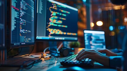 Software, web development, data processing, programming concept. Coding programmer using computer with program code and data management technology icon. Technology process of software development