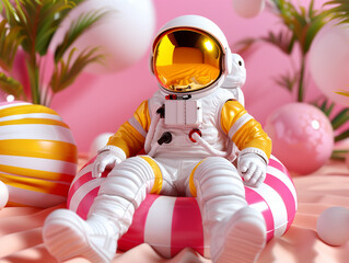 Wall Mural - Surreal scene of an astronaut lounging on a striped inflatable in a vibrant, whimsical setting. The playful and imaginative elements create a captivating and unique aesthetic. Fantasy concept.