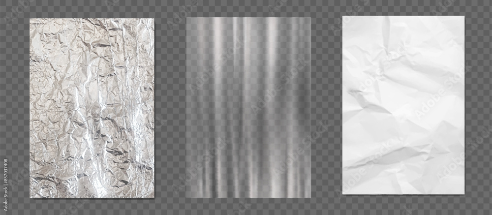 Silver foil, white crumpled paper, transparent plastic film textures ...