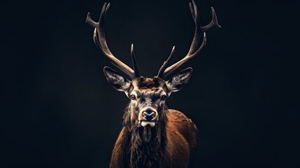 Canvas Print - Red deer portrait with black background. 