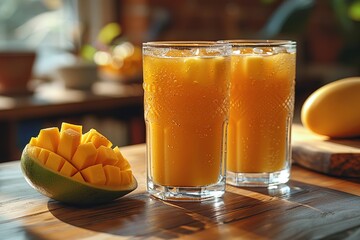 Wall Mural - Two mango juice glasses on table next to sliced mango