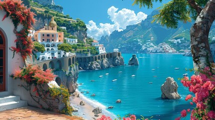 Wall Mural - The breathtaking beauty of the Amalfi Coast, with colorful cliffside villages clinging to rugged slopes overlooking the azure waters of the Mediterranean Sea, offering stunning views at every turn.