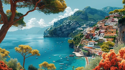 Wall Mural - The breathtaking beauty of the Amalfi Coast, with colorful cliffside villages clinging to rugged slopes overlooking the azure waters of the Mediterranean Sea, offering stunning views at every turn.