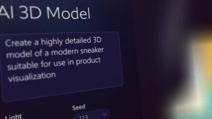 Cinematic Concept of AI Chatbot Interface Generate a 3D Model of a Stylish Sneaker, Advanced Design for Product Visualization, Production. Text to Picture Ecommerce, Creative Digital Fashion Industry