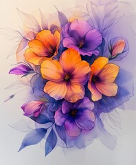 Wall Mural - Beautiful Watercolor Bouquet of Phlox (Phlox paniculata Europa) Flowers Depicted in Pastel Shades of Alcohol and Ink