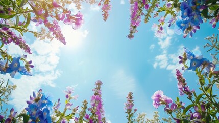 Wall Mural - lobelia flowers frame, spring nature flower under sunny sky, copy space for text