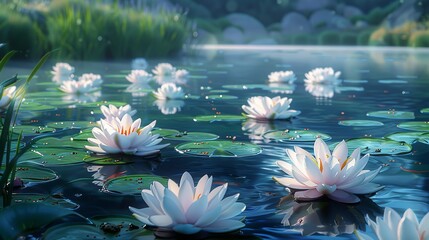 Tranquil ponds alive with the chorus of frogs and insects, water lilies floating serenely on the surface, a peaceful oasis in the midst of a bustling world. Illustration, Minimalism,