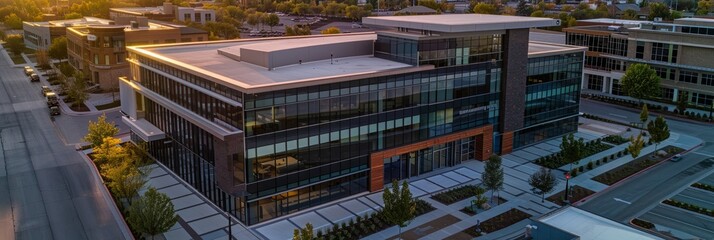 Sticker - An aerial view of a contemporary office building in Denver, showcasing its architectural design and the surrounding cityscape at sunset