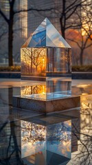 Wall Mural - A crystal prism sculpture captures the sunset’s glow against an urban park, mirrored on a sleek surface.