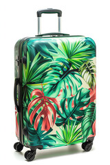 A Suitcase with a tropical pattern isolated on white background. Vacation concept illustration. Created with Generative AI technology.