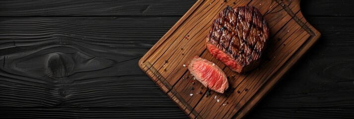 Sticker - A close-up of a juicy, medium-rare beef tenderloin steak, sliced and served on a wooden cutting board
