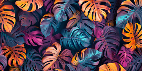 Wall Mural - An abstract natural background featuring a pattern of exotic leaves, particularly bright and colorful monstera leaves. This creative backdrop embodies the lushness of jungle fauna