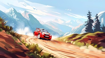 Wall Mural - Rally racing car on dirt track, in the mountains, extreme sport activities theme, created with generative ai