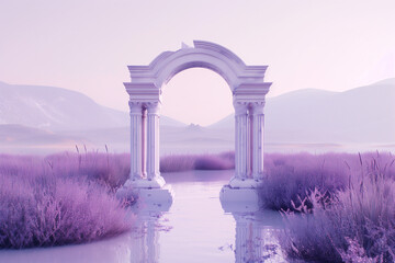 Triumphal arch architecture on surreal lavender field landscape. Plaster gates  background