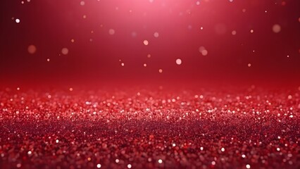 Red background with shiny particles, glowing bokeh lights. Abstract shiny backdrop with empty space for text.