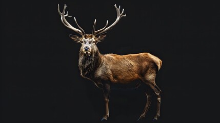 Wall Mural - Red deer portrait with black background. 