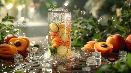 Sticker - Refreshing Cucumber and Peach Infused Water With Ice Cubes