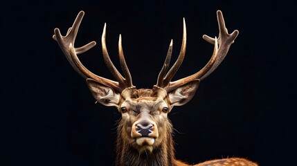 Wall Mural - Red deer portrait with black background. 