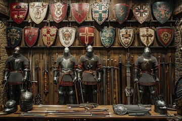 Wall Mural - Delve into history with this professional image highlighting the weapons used by the British army during the Middle Ages, featuring a collection of authentic armaments such as swords