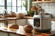 © Aqsa - sleek bread maker with a viewing window, baking bread on a wooden countertop in a cozy, homey kitchen